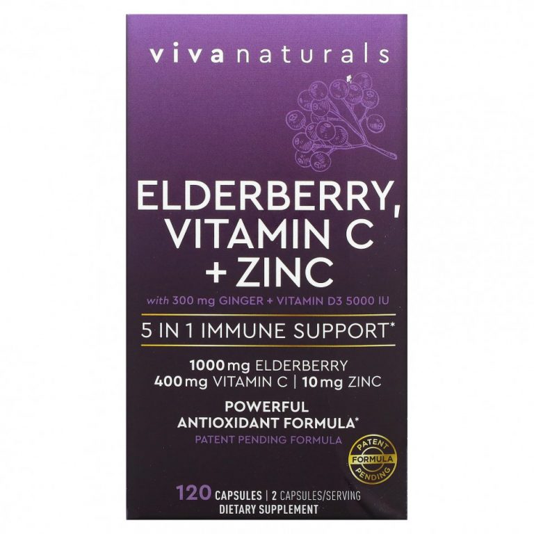 Viva Naturals, Elderberry, витамин C и цинк, поддержка иммунитета 5 в 1, 120 капсул