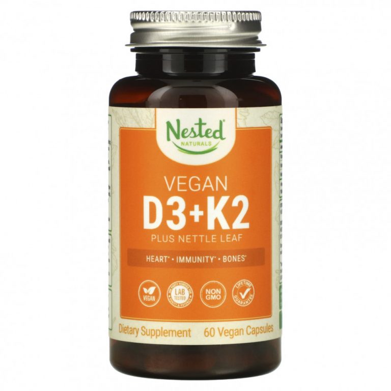 Nested Naturals, Веганские витамины D3 + K2 и листья крапивы, 60 веганских капсул