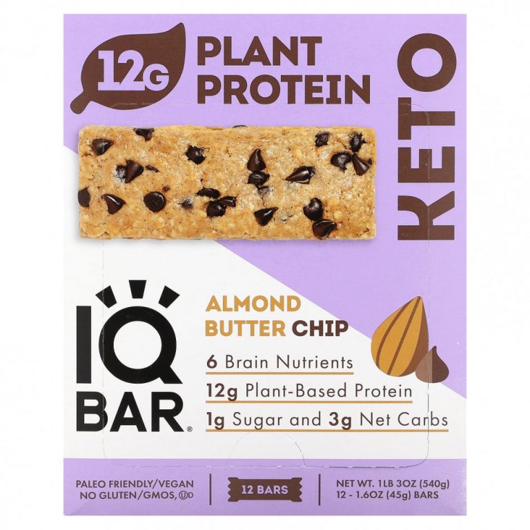 IQBAR, Plant Protein Bar, чипсы из миндального масла, 12 батончиков, по 45 г (1,6 унции)