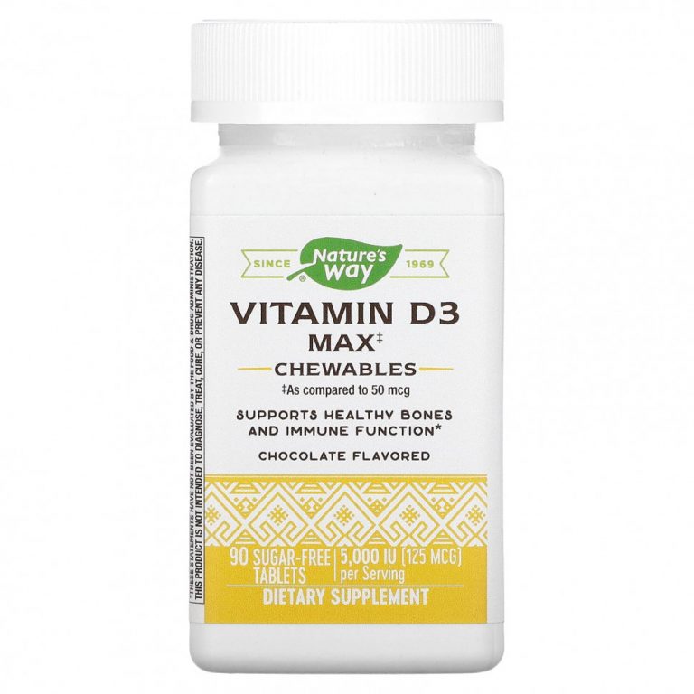 Nature’s Way, Vitamin D3 Max, шоколад, 125 мкг (5000 МЕ), 90 таблеток без сахара