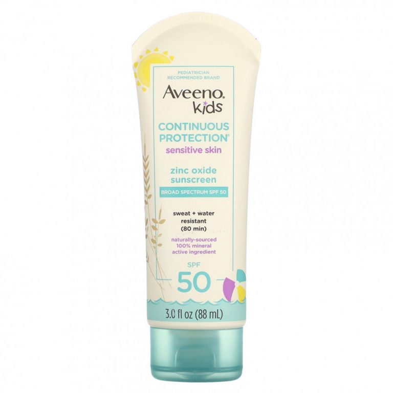 Aveeno, Для детей, солнцезащитное средство с оксидом цинка для постоянной защиты, для чувствительной кожи, SPF 50, 88 мл (3 жидк. Унции)