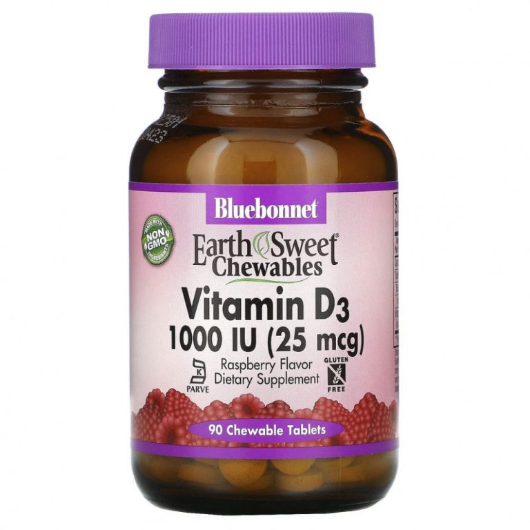 Bluebonnet Nutrition, EarthSweet Chewables, витамин D3, со вкусом малины, 25 мкг (1000 МЕ), 90 жевательных таблеток