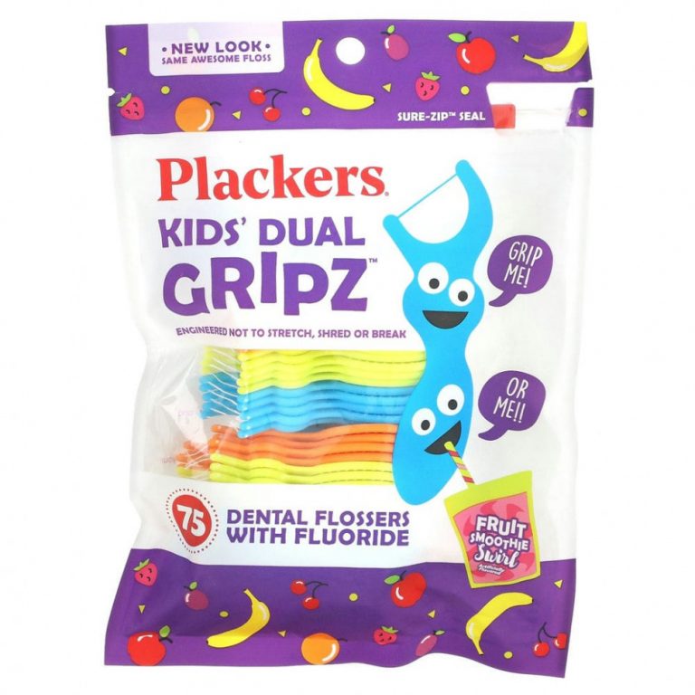 Plackers, Kid’s Dual Gripz, детские зубочистки с нитью, с фтором, фруктовый смузи, 75 шт.