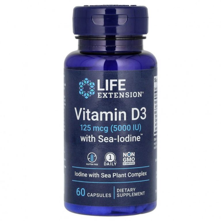 Life Extension, витамин D3 с Sea-Iodine, 125 мкг (5000 МЕ), 60 капсул