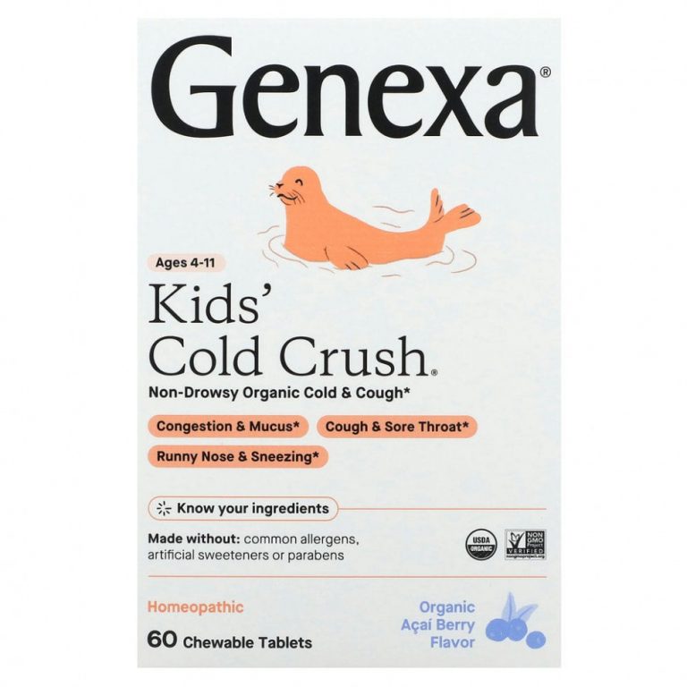 Genexa, Children’s Cold Crush, Cold & Cough, Ages 3+, Organic Acai Berry, 60 Chewable Tablets