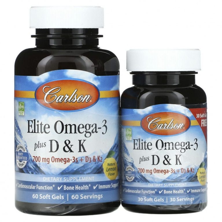 Carlson Labs, Elite Omega-3 с витаминами D и K, натуральный лимонный вкус, 60 (+ 30 бонусных) мягких капсул