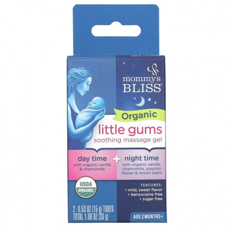 Mommy’s Bliss, Organic Little Gums, успокаивающий массажный гель, дневной/ночной пакет, для детей в возрасте от 2 месяцев, 2 тюбика, 15 г (0,53 унции) каждый