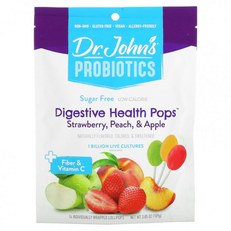 Dr. John’s Healthy Sweets, Пробиотики, леденцы для здоровья пищеварительной системы, с клетчаткой и витамином C, клубника, персик и яблоко, без сахара, 1 миллиард, 14 леденцов на палочке в индивидуальной упаковке, 109 г (3,85 унции)