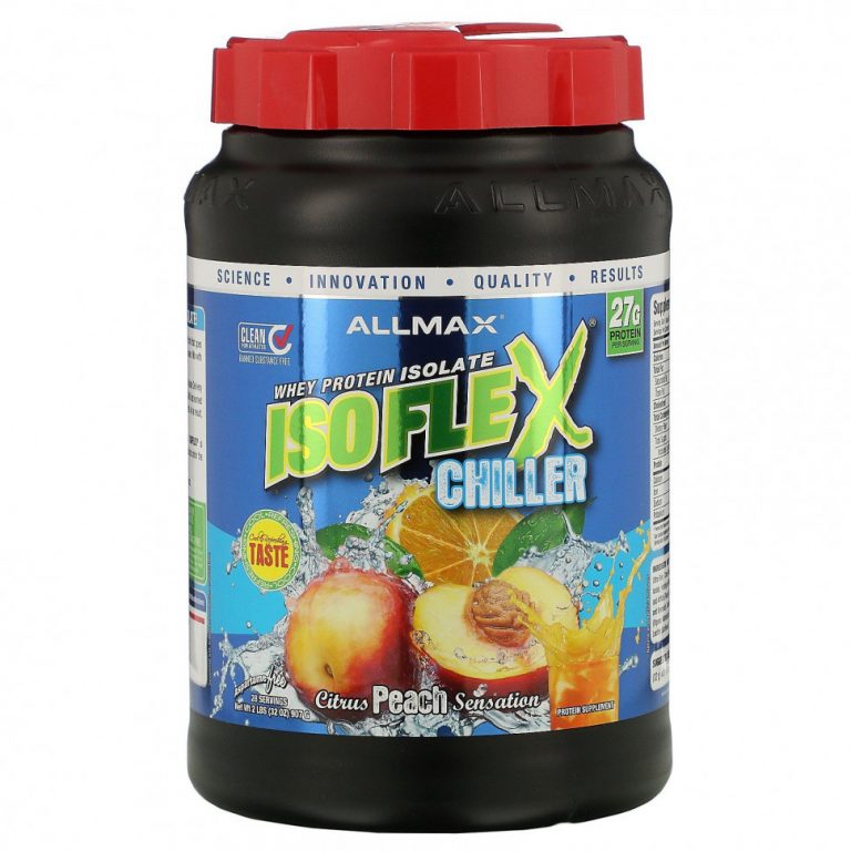 ALLMAX Nutrition, Isoflex Chiller, сверхчистый 100%-ный изолят сывороточного протеина (фильтрация ИСП частицами, заряженными ионами), цитрусово-персиковое ощущение, 2 фунта (907 г)