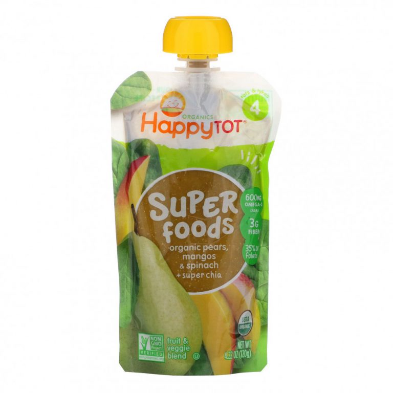 Happy Family Organics, HappyTot, SuperFoods, органические груши, манго, шпинат и супер чиа, 120 г (4,22 унции)