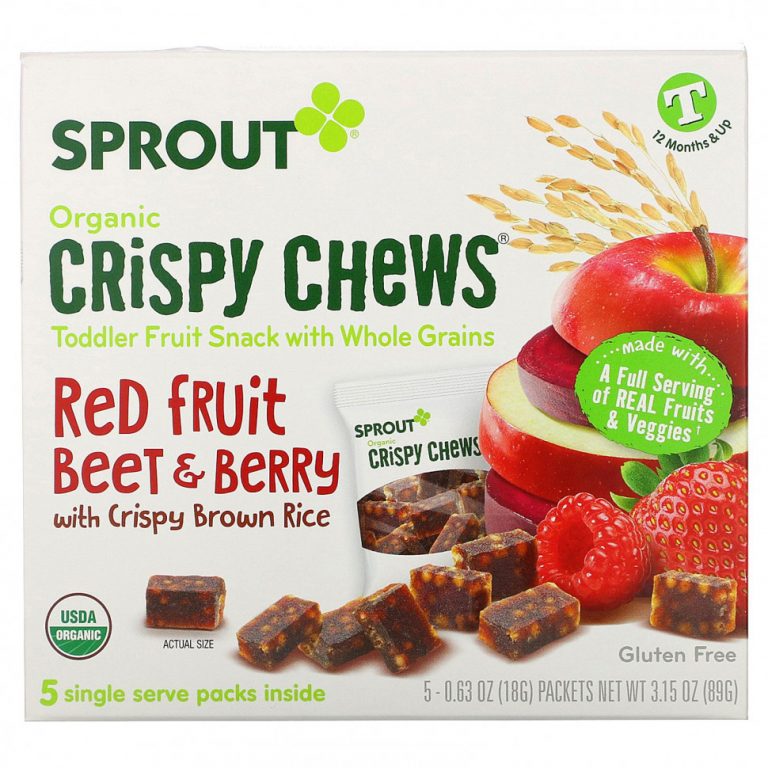 Sprout Organic, Crispy Chews, от 12 месяцев и старше, красные фрукты, свекла и ягоды с хрустящим коричневым рисом, 5 пакетиков по 18 г (0,63 унции)