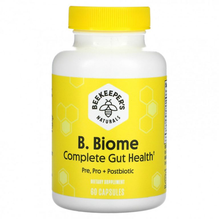 Beekeeper’s Naturals, B. Biome Complete Gut Health, Pre, Pro + Postbiotic, 60 Capsules